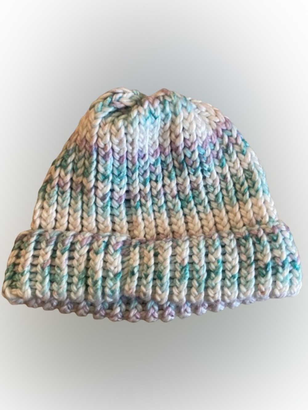 Kids Ribbed Knit Beanie in White with Pastel Blue and Lavender